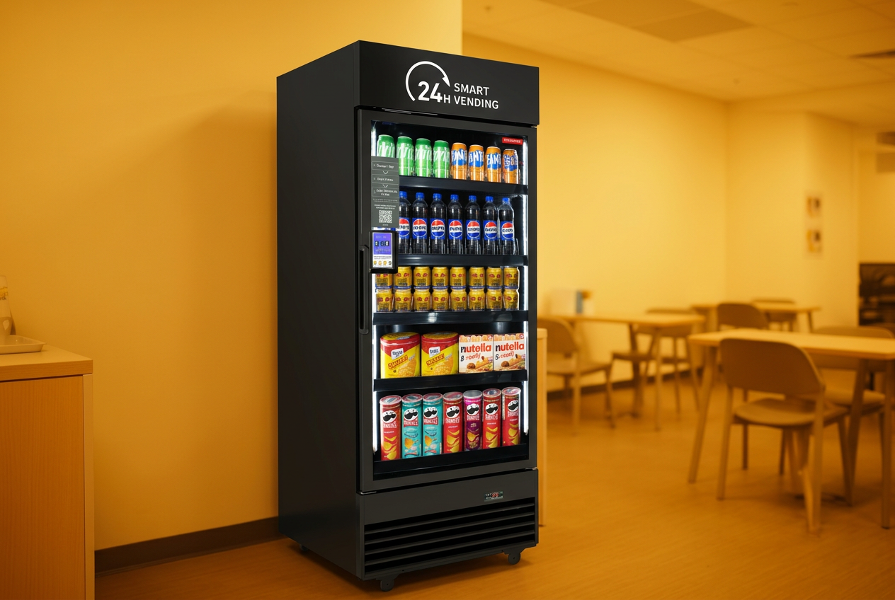 Modern AI vending machine in a bright office break room stocked with snacks and drinks