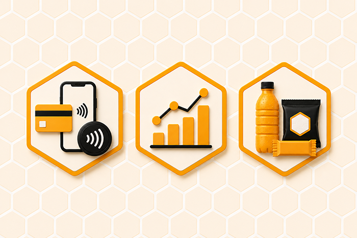 Cashless payments, AI inventory tracking, and curated drinks and snacks icons on a honeycomb backdrop